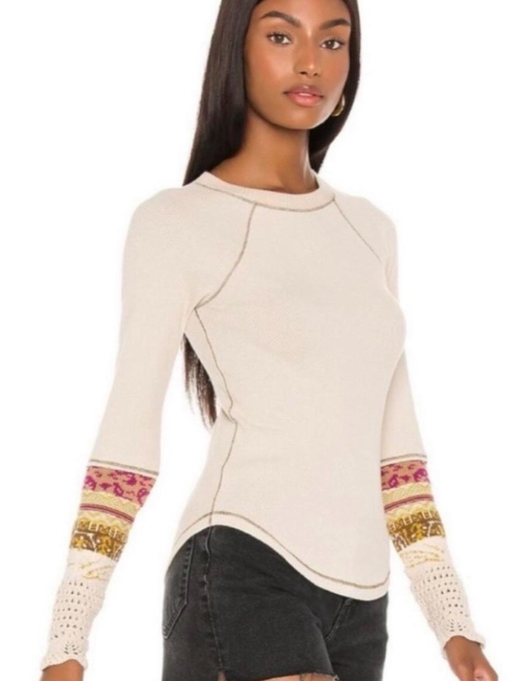 Free People “In the Mix” Waffle Knit Thermal Top with Boho Crochet Cuffs Size M